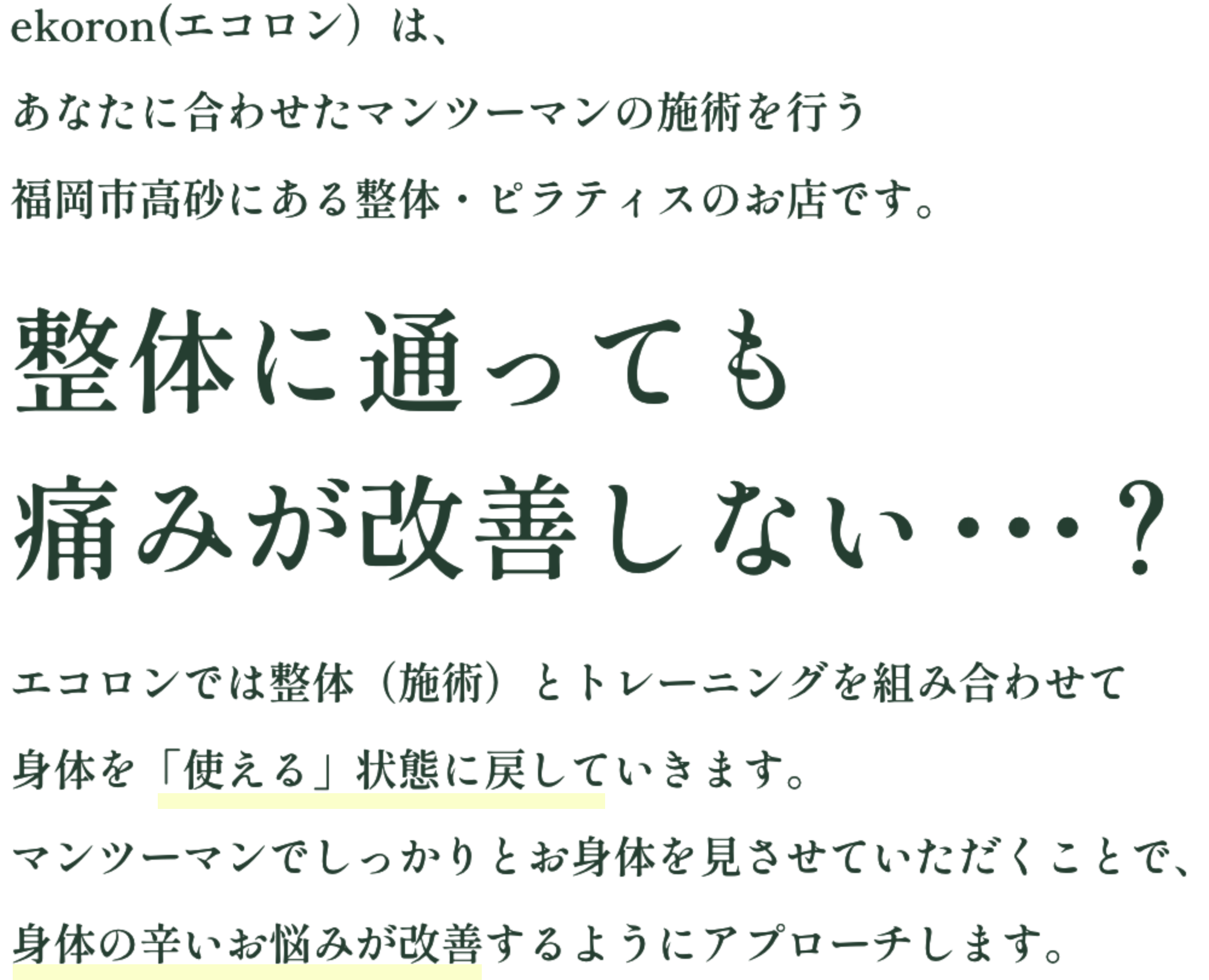 ekoron(エコロン）は、あなたに合わせたマンツーマンの施術を行う 福岡市高砂にある整体・ピラティスのお店です。整体に通っても痛みが改善しない…?エコロンでは整体（施術）とトレーニングを組み合わせて
身体を「使える」状態に戻していきます。マンツーマンでしっかりとお身体を見させていただくことで、身体の辛いお悩みが改善するようにアプローチします。